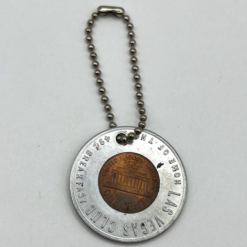 Vintage 1971 D Lucky Penny Keychain Las Vegas‎ Club 49c Breakfast Souvenir Token